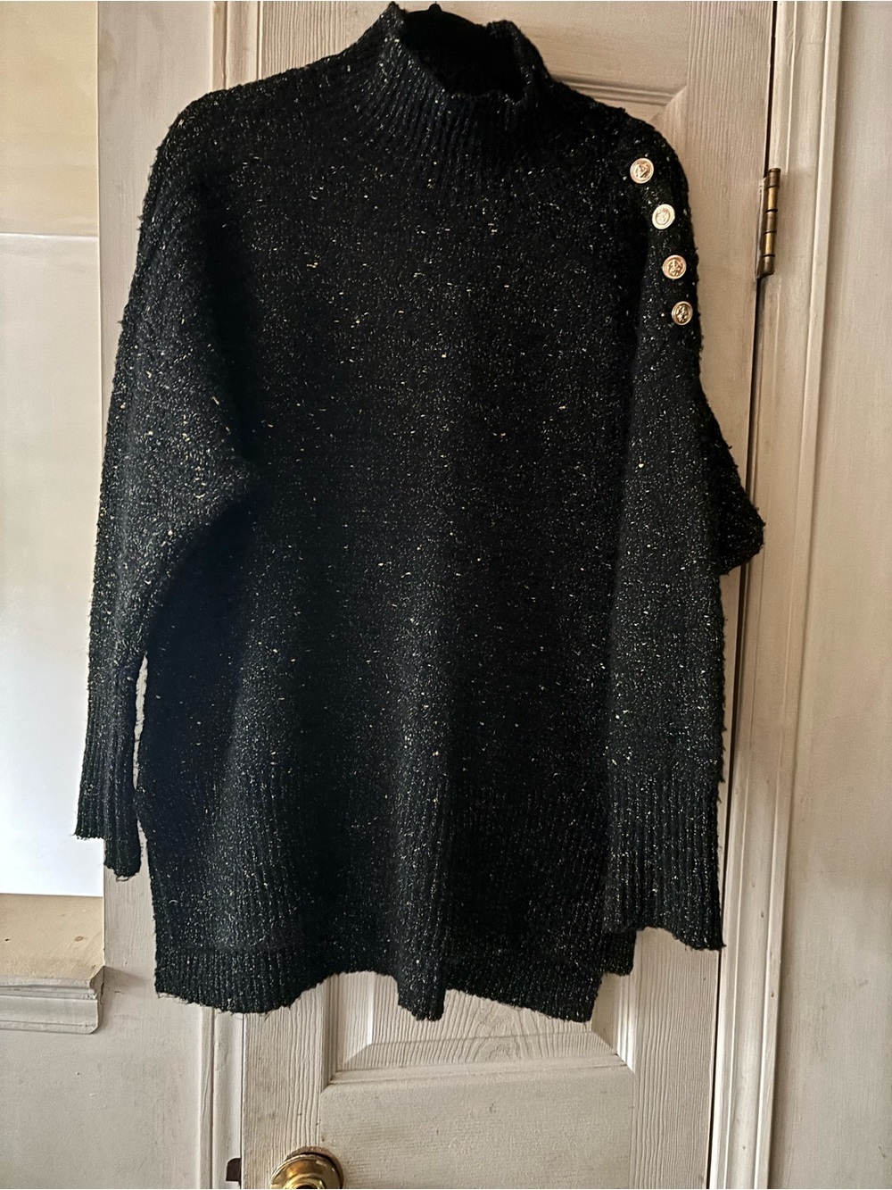 Tahari Black Sparkle Mock Neck Sweater with Shoulder Buttons